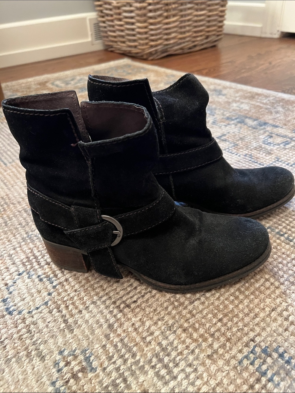 Women's Black Suede Ankle Booties with Buckle Strap